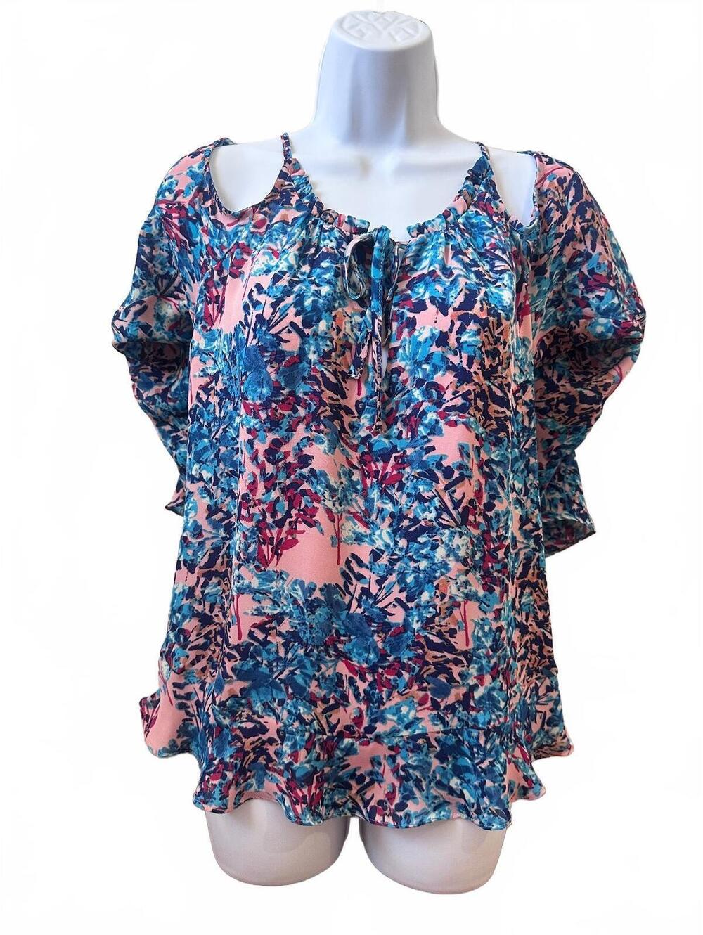 Parker Floral Cold Shoulder Peasant Blouse Pink Blue Cutout Top, Small, $278